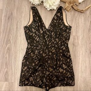 BCBG MaxAzria Olson Black Lace Sequin Romper with Nude Underlay XS